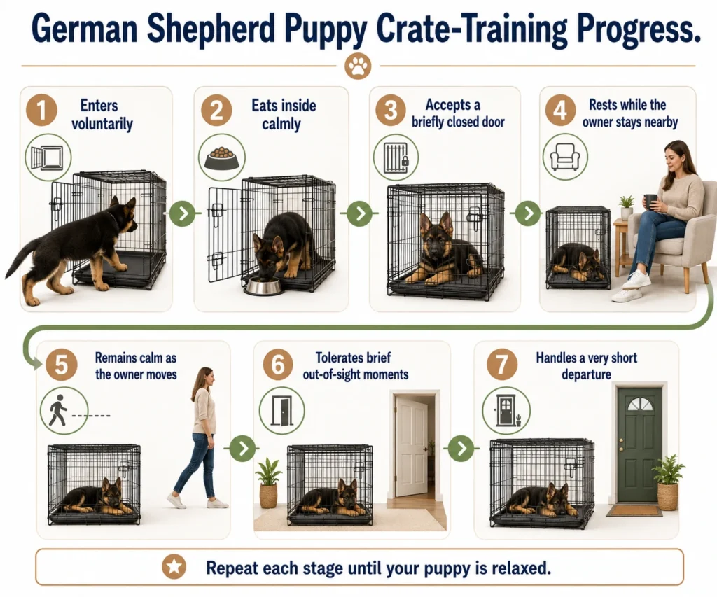 German Shepherd puppy crate-training milestones from voluntary entry to short departures.