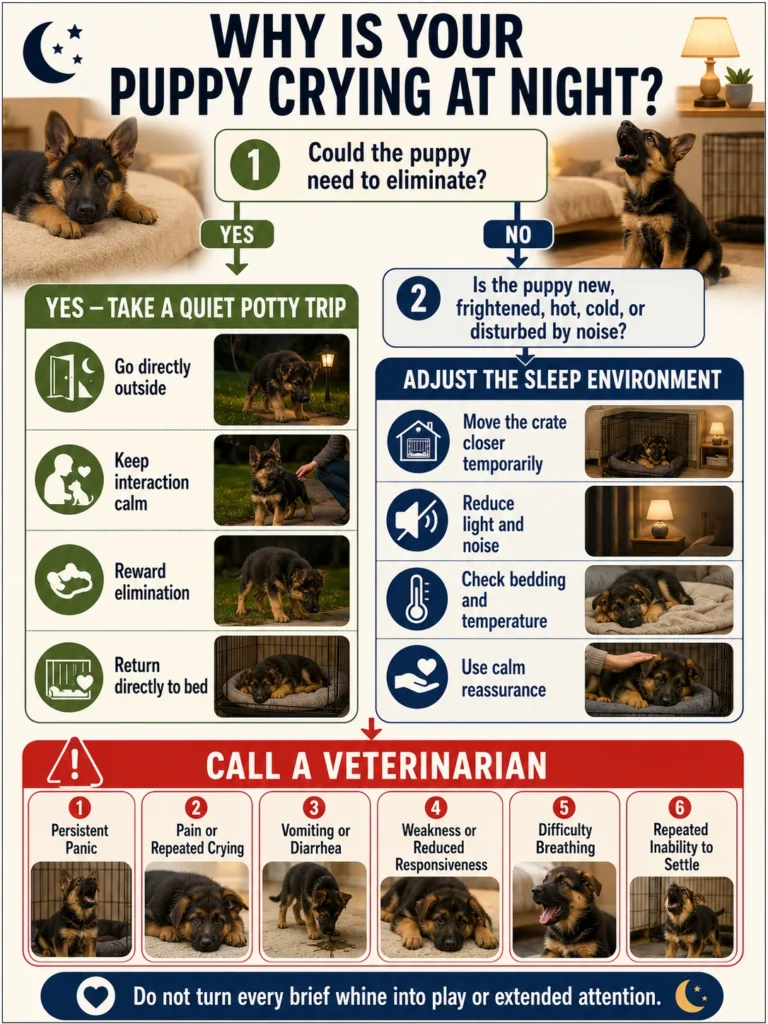 German Shepherd Puppy Sleep Schedule: Naps and Bedtime by Age Decision guide for a German Shepherd puppy crying at night, including potty needs, reassurance, and veterinary warning signs.