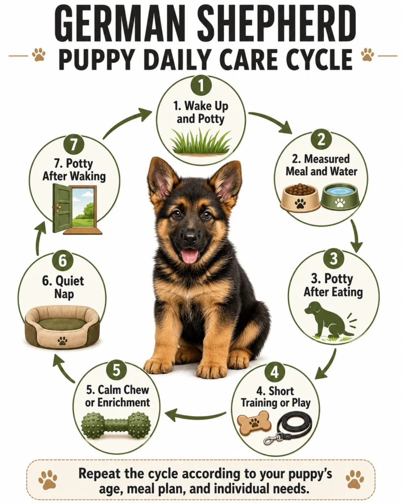 German Shepherd Puppy Daily Routine: A Realistic Schedule by Age Daily care cycle for a German Shepherd puppy showing potty breaks, meals, training, enrichment, and naps.