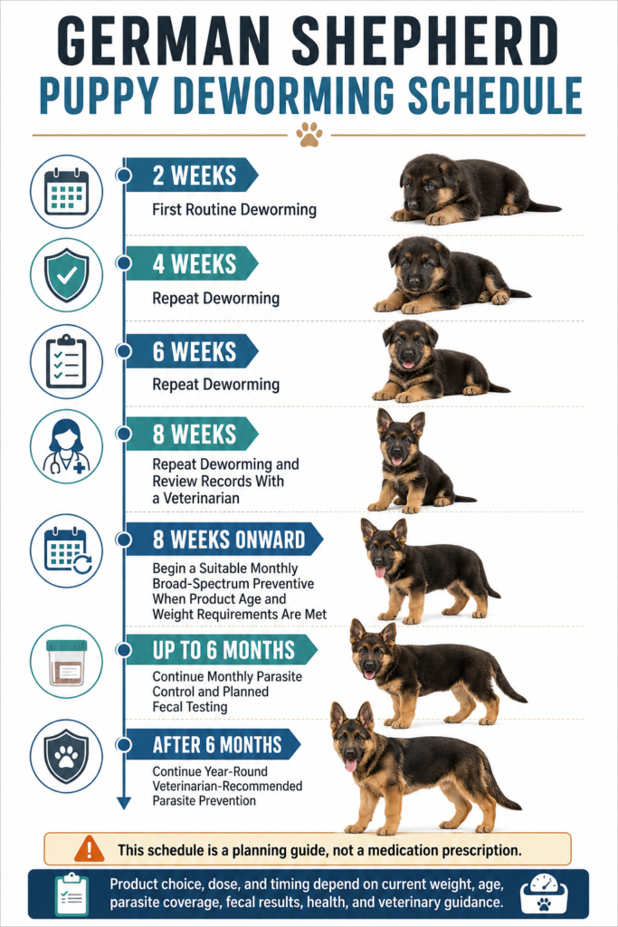 German Shepherd Puppy Deworming Schedule: A Vet-Guided Timeline German Shepherd puppy deworming timeline from 2 weeks through monthly parasite prevention.