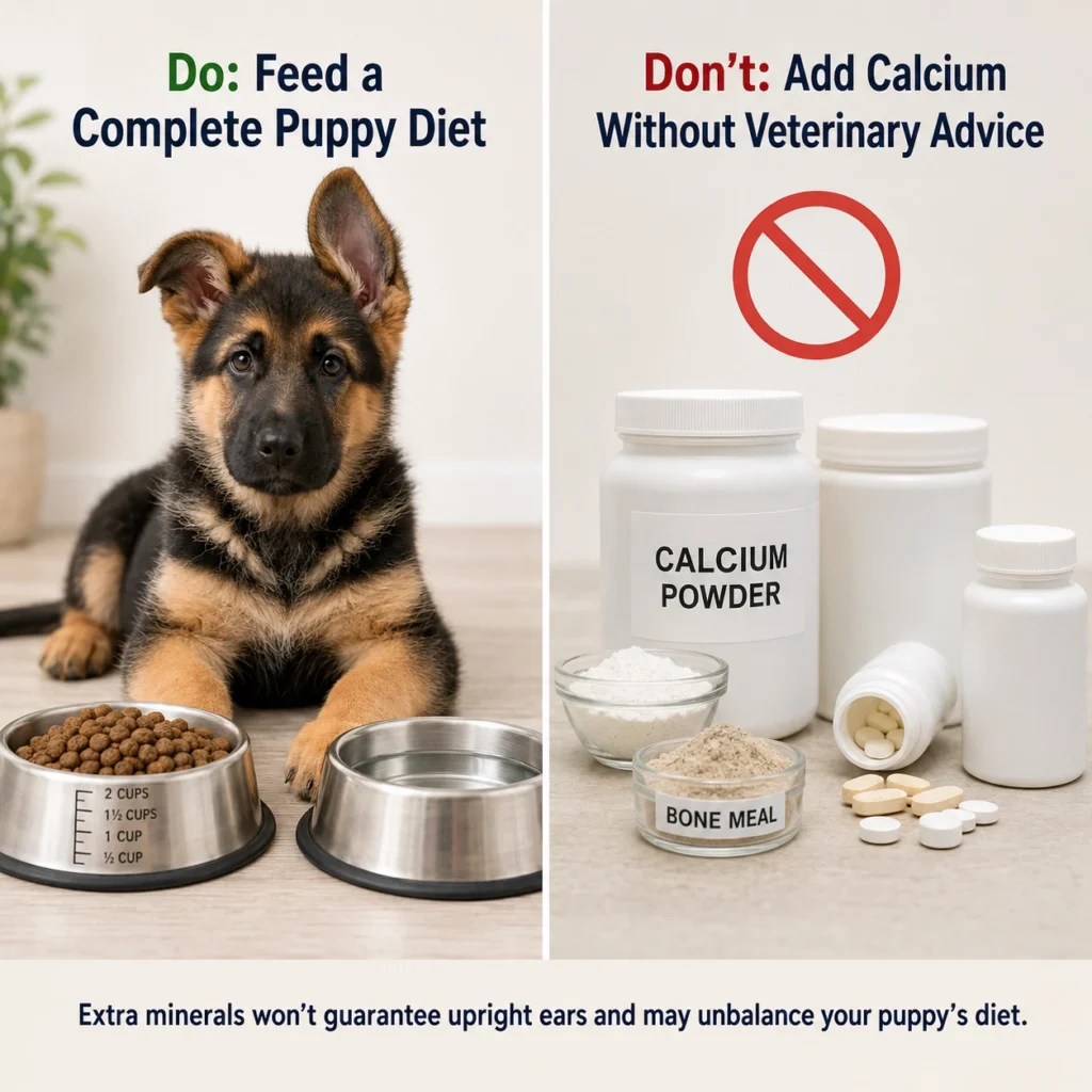 When Do German Shepherds Ears Stand Up? Complete Puppy Ear Guide Complete puppy food compared with unnecessary calcium supplements for a German Shepherd puppy