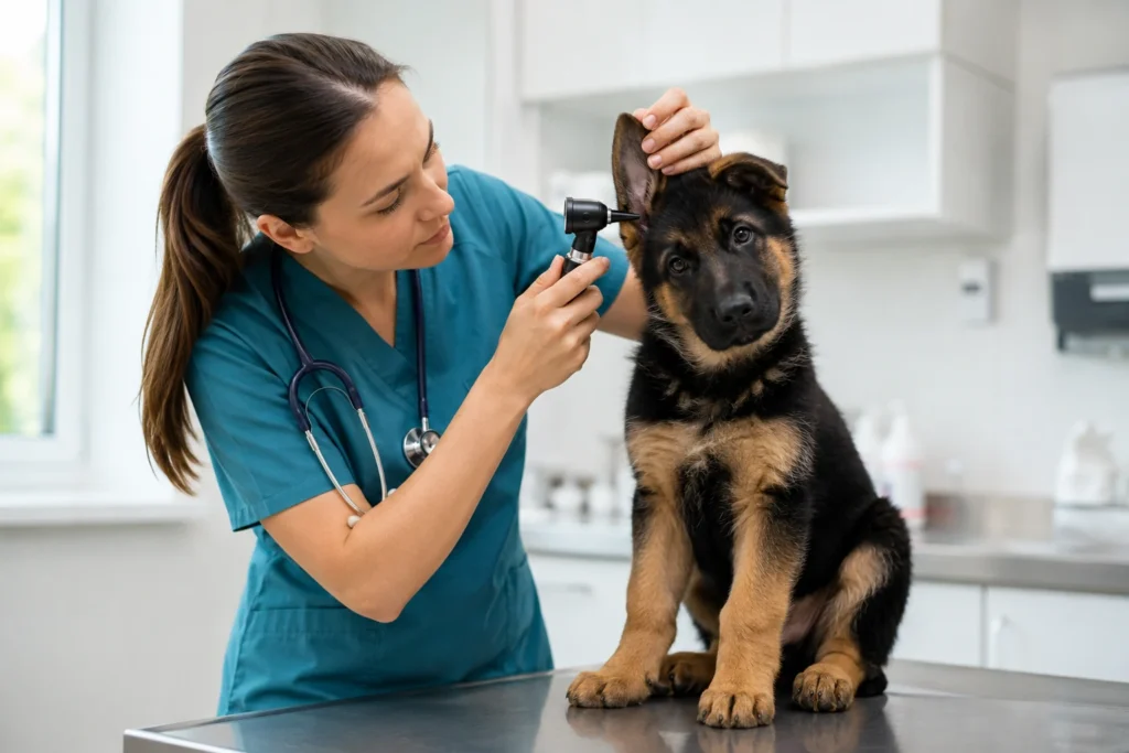 When Do German Shepherds Ears Stand Up? Complete Puppy Ear Guide Veterinarian gently examining a German Shepherd puppy’s ear
