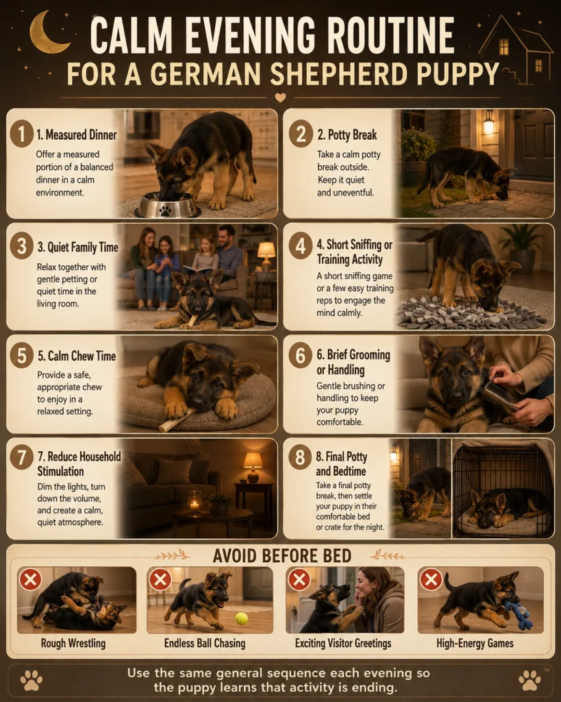 German Shepherd Puppy Daily Routine: A Realistic Schedule by Age Calm evening and bedtime routine for a German Shepherd puppy with dinner, potty, chewing, grooming, and sleep.
