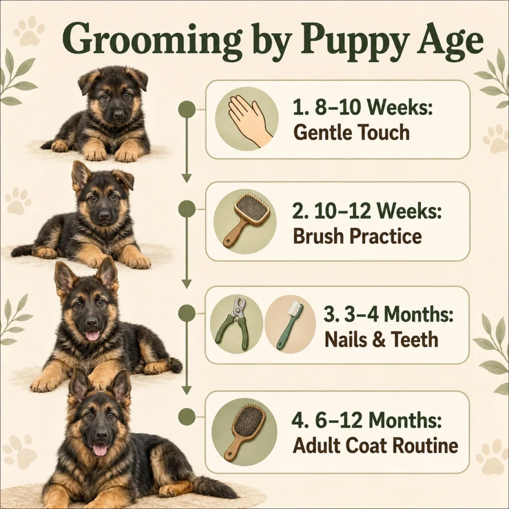 German Shepherd Puppy Grooming Guide: Bathing, Brushing, Nails, Ears, and Coat Care German Shepherd puppy grooming schedule by age