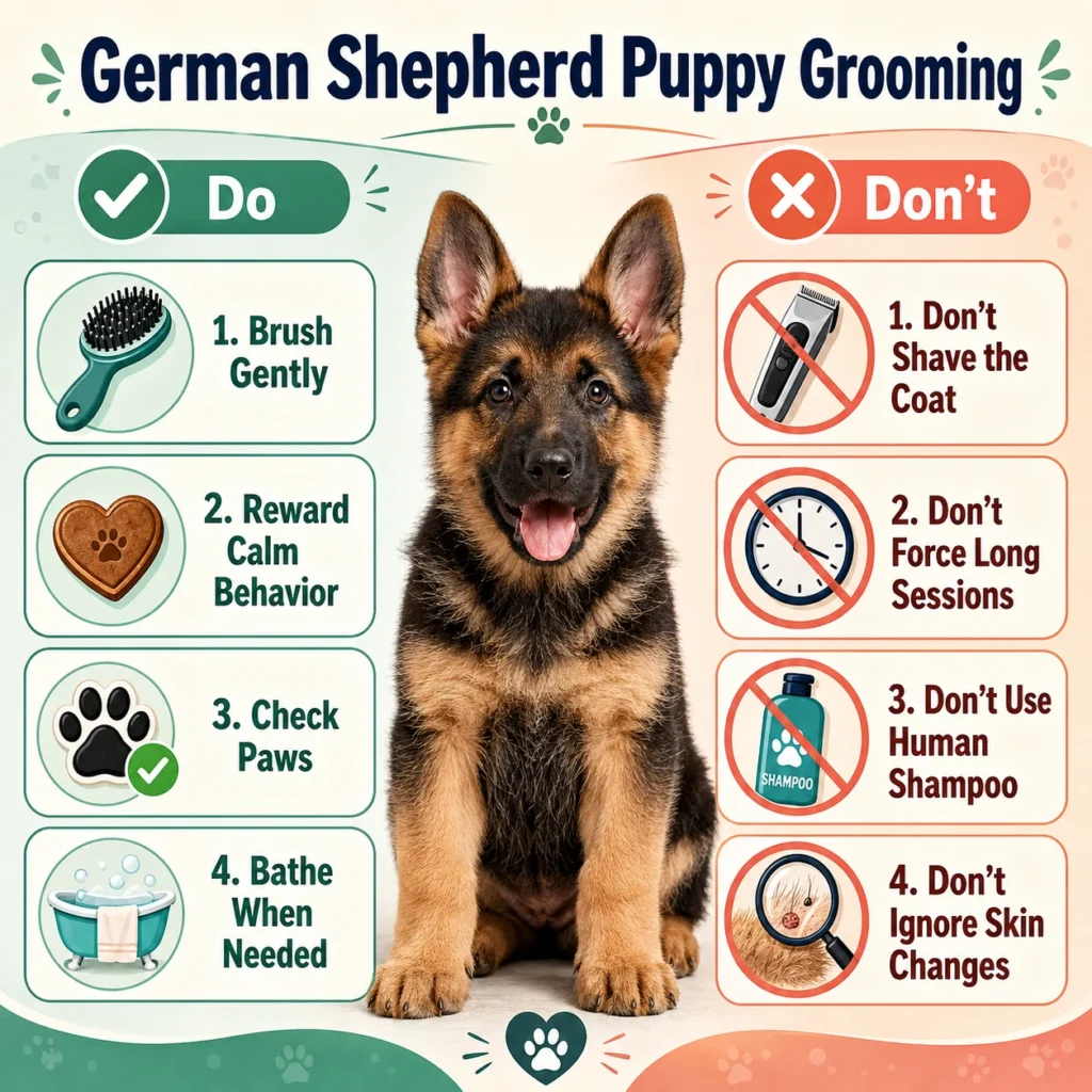 German Shepherd Puppy Grooming Guide: Bathing, Brushing, Nails, Ears, and Coat Care German Shepherd puppy grooming do and don’t summary