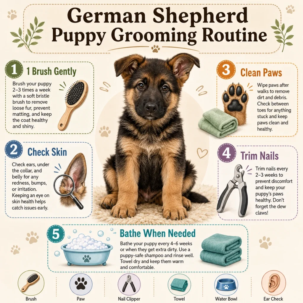 German Shepherd Puppy Grooming Guide: Bathing, Brushing, Nails, Ears, and Coat Care Step-by-step German Shepherd puppy grooming routine