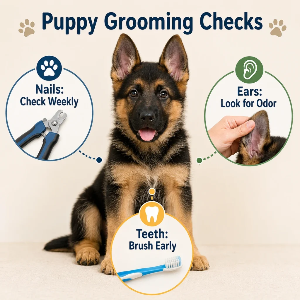 German Shepherd Puppy Grooming Guide: Bathing, Brushing, Nails, Ears, and Coat Care German Shepherd puppy nail ear and teeth care infographic