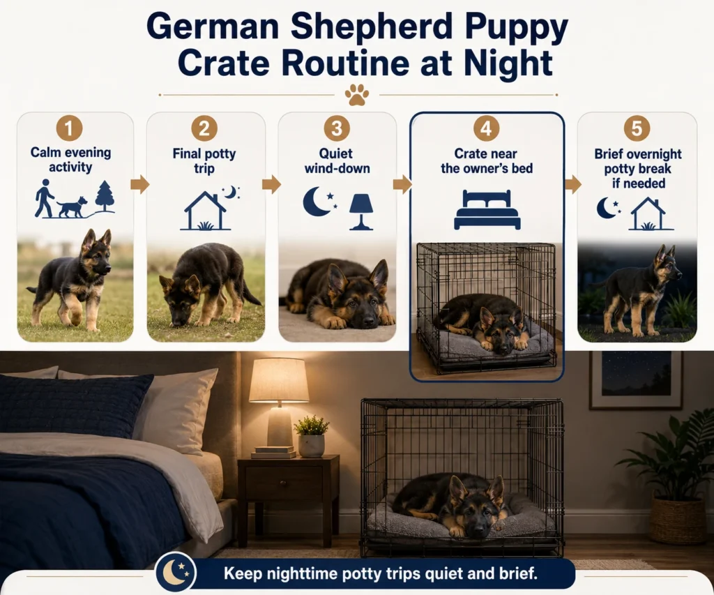 Nighttime crate routine for a German Shepherd puppy including a potty trip and crate near the bed.