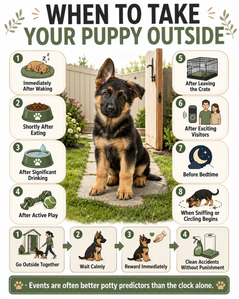 German Shepherd Puppy Daily Routine: A Realistic Schedule by Age Potty timing guide showing when a German Shepherd puppy should be taken outside.