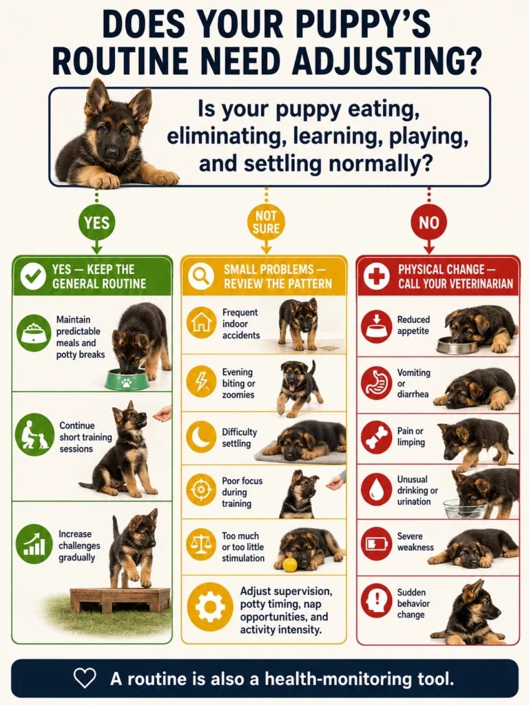 German Shepherd Puppy Daily Routine: A Realistic Schedule by Age Decision guide for adjusting a German Shepherd puppy routine based on behavior, sleep, potty habits, and health changes.