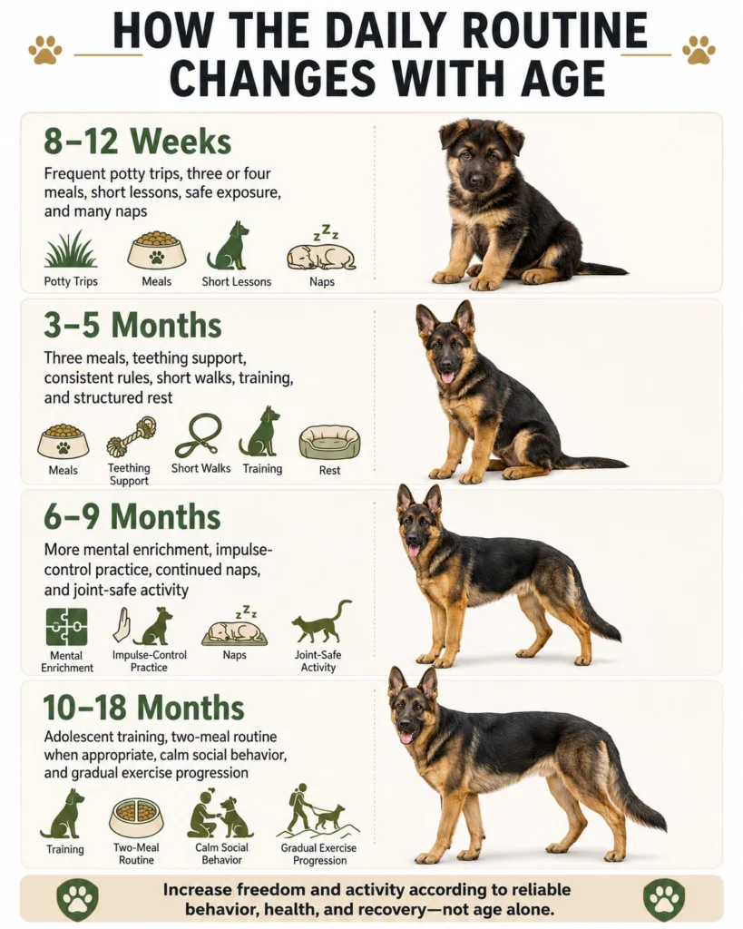 German Shepherd Puppy Daily Routine: A Realistic Schedule by Age German Shepherd puppy routine changes from 8 weeks through adolescence, including meals, potty trips, training, and exercise.