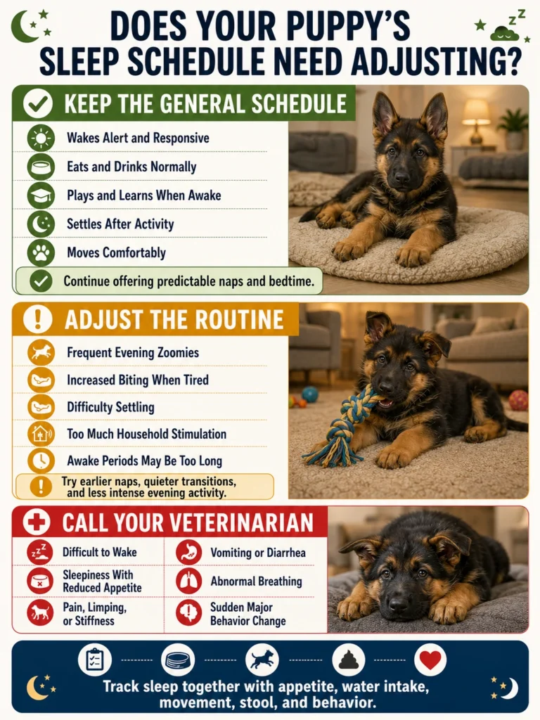 German Shepherd Puppy Sleep Schedule: Naps and Bedtime by Age Decision guide for keeping, adjusting, or seeking veterinary advice about a German Shepherd puppy sleep schedule.