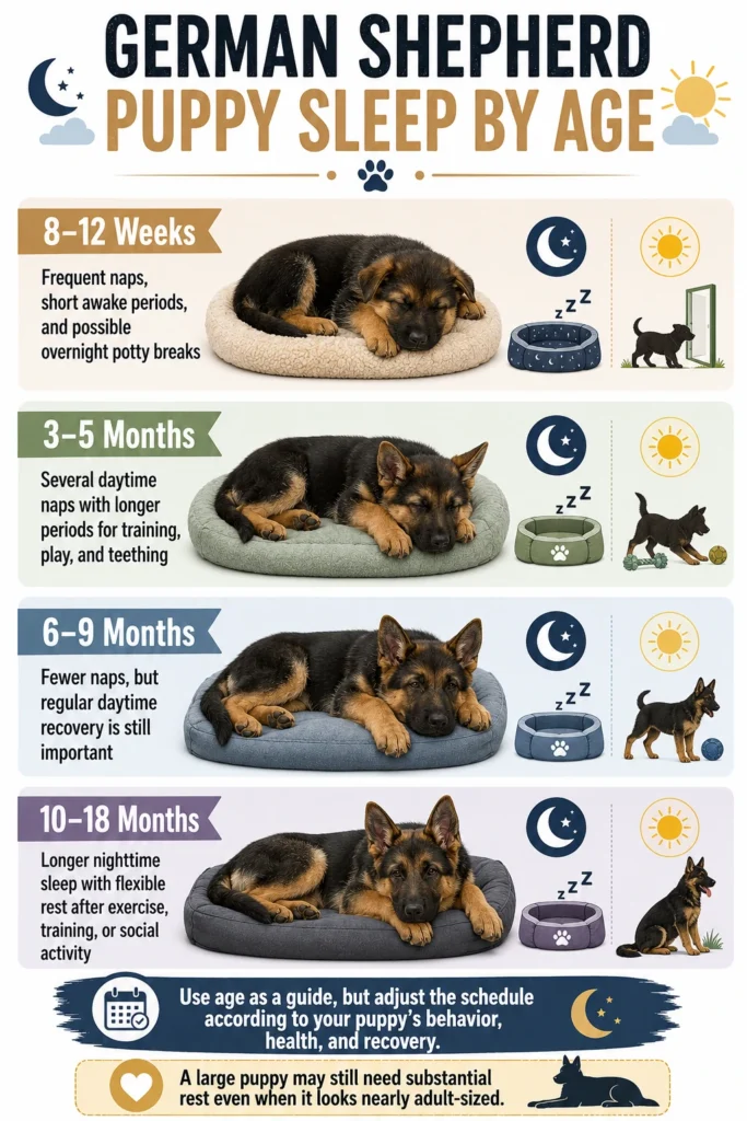 German Shepherd Puppy Sleep Schedule: Naps and Bedtime by Age German Shepherd puppy sleep patterns from 8 weeks through adolescence, including naps and nighttime rest.