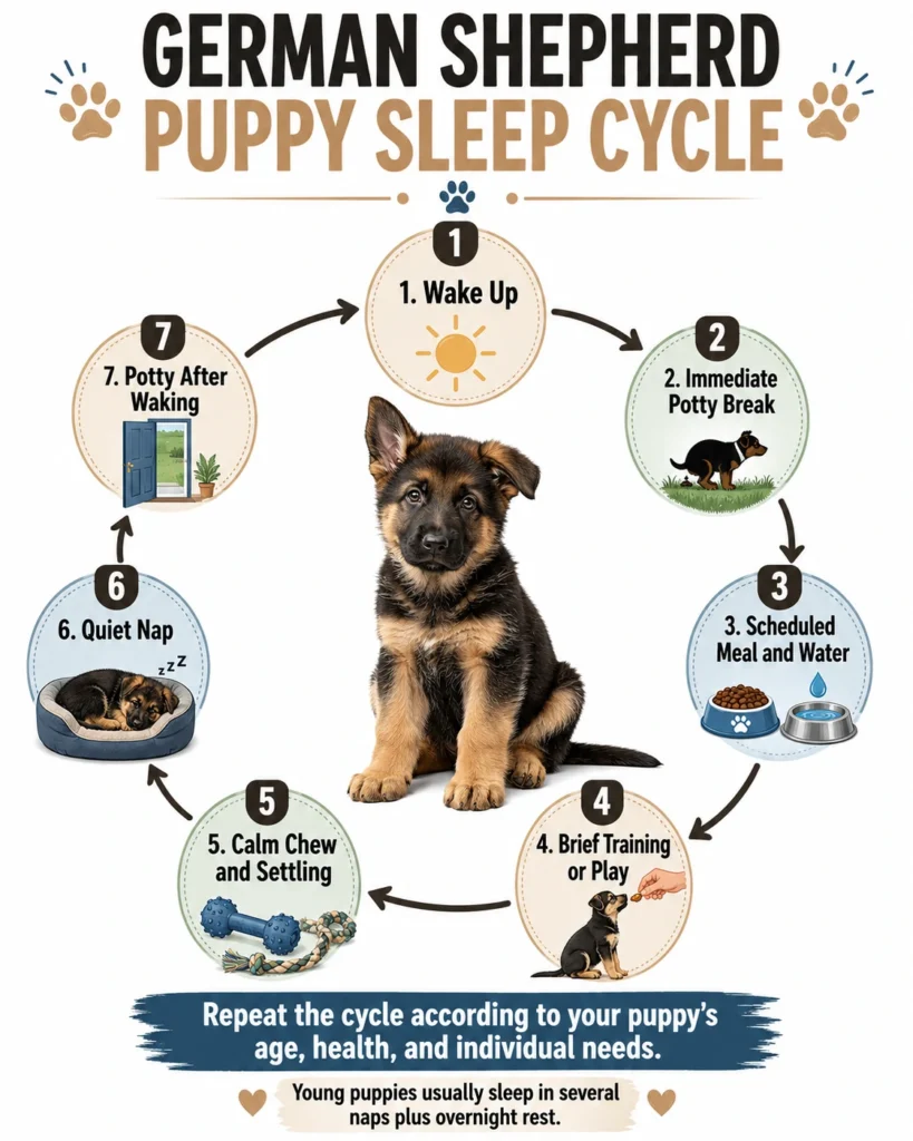 German Shepherd Puppy Sleep Schedule: Naps and Bedtime by Age German Shepherd puppy sleep cycle showing waking, potty trips, meals, brief activity, settling, and naps.