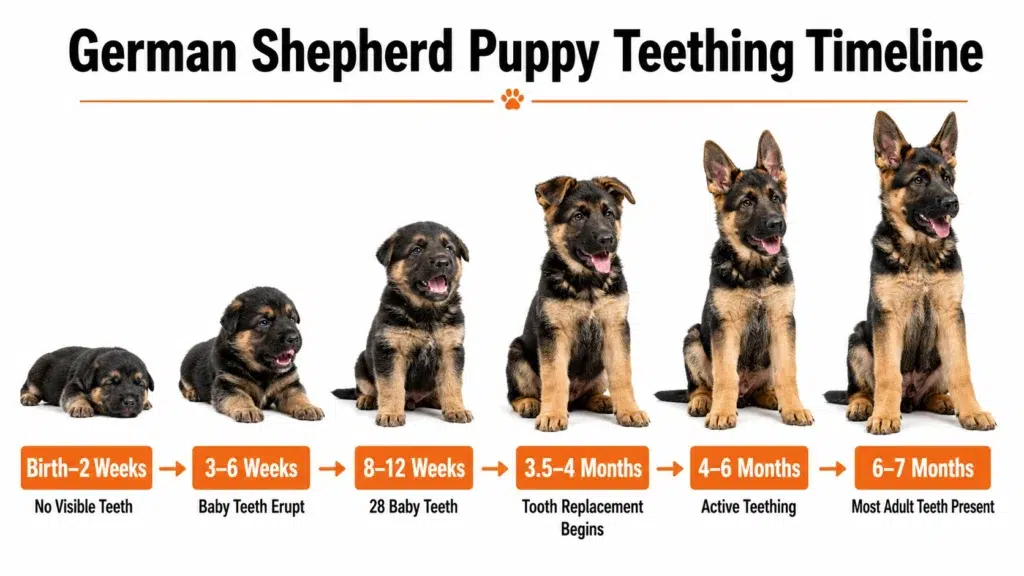 German Shepherd Puppy Teething Stages: Complete Timeline and Care Guide German Shepherd puppy teething timeline from baby-tooth eruption to adult teeth at six to seven months.