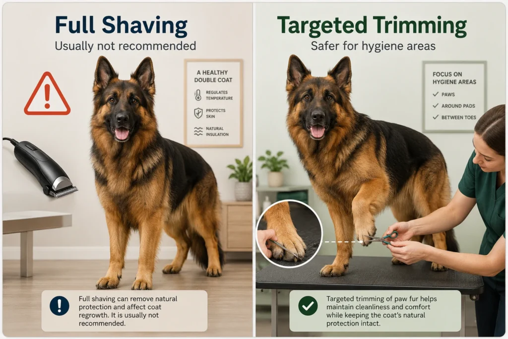 Can You Shave a German Shepherd? What Owners Should Know Before Using Clippers German Shepherd shaving versus trimming comparison graphic