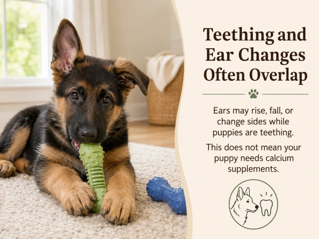 When Do German Shepherds Ears Stand Up? Complete Puppy Ear Guide Teething German Shepherd puppy chewing a safe toy with partially upright ears