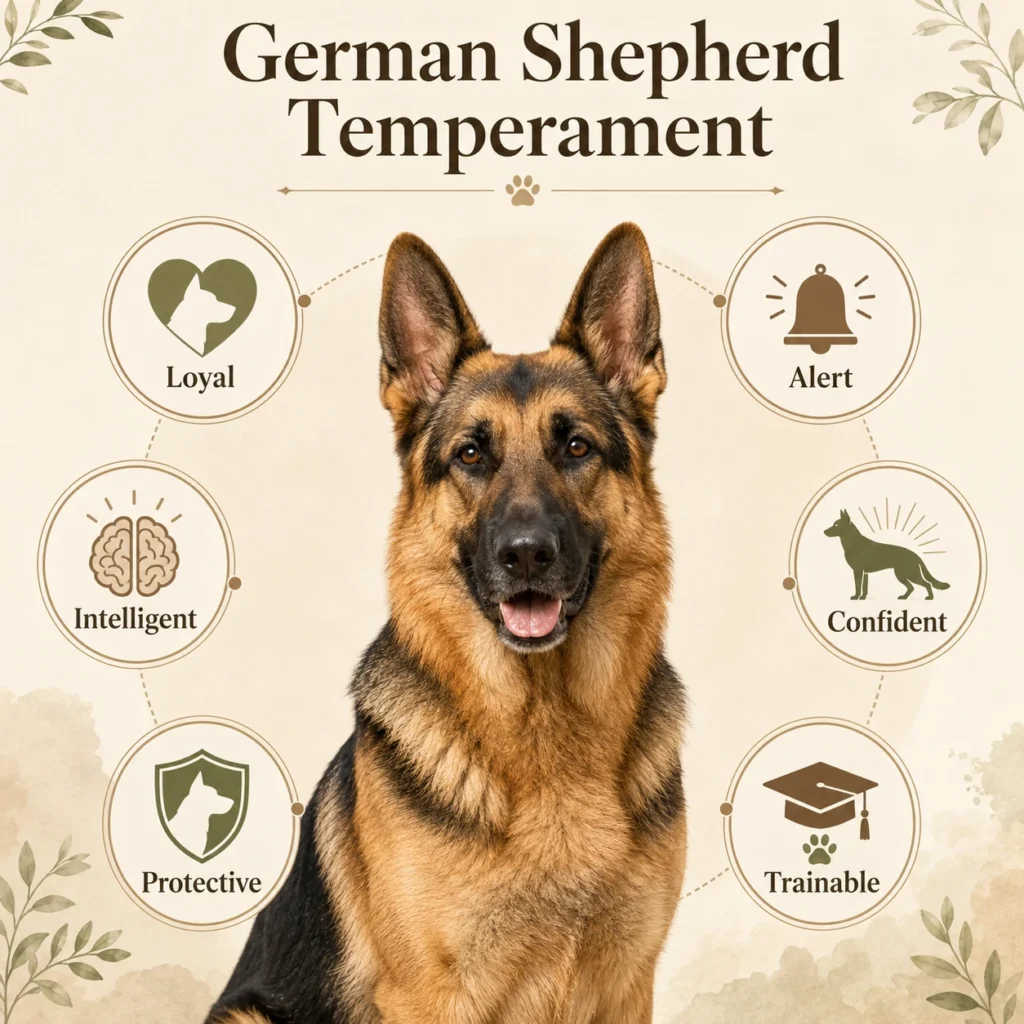 German Shepherd Temperament: Are They Aggressive or Naturally Protective? German Shepherd temperament traits including loyal alert intelligent protective confident and trainable