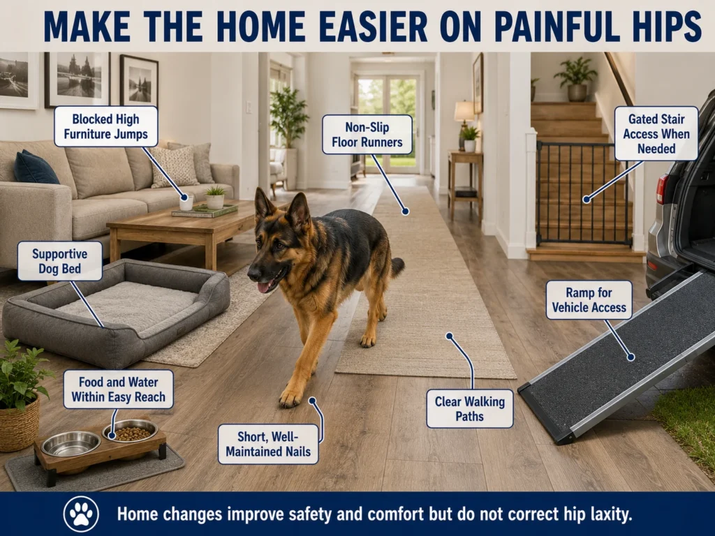 German Shepherd Hip Dysplasia: Signs, Diagnosis, and Treatment Home mobility changes for a German Shepherd with hip dysplasia, including rugs, ramps, and supportive bedding.