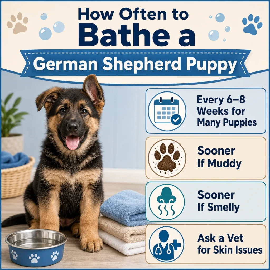 German Shepherd Puppy Grooming Guide: Bathing, Brushing, Nails, Ears, and Coat Care How often to bathe a German Shepherd puppy bathing guide