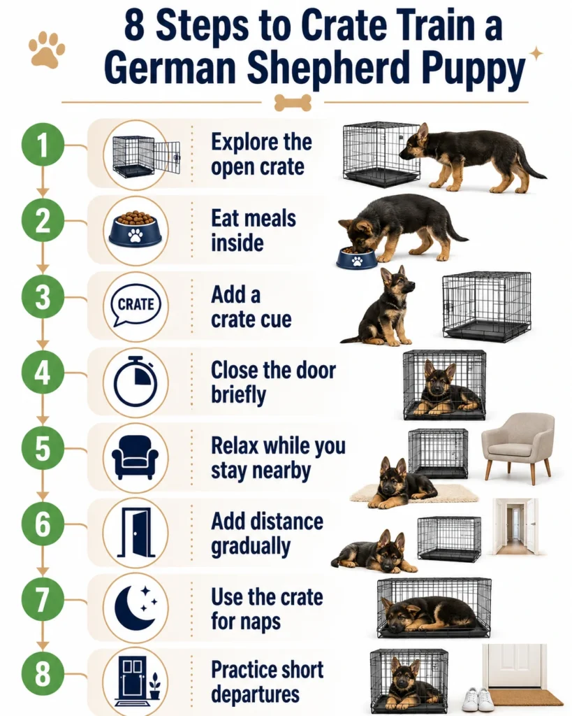 Eight-step process for crate training a German Shepherd puppy using gradual positive reinforcement.