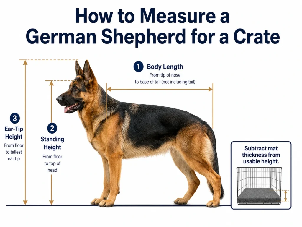 What Size Crate for German Shepherd? Puppy and Adult Sizing Guide Diagram showing how to measure a German Shepherd’s body length, standing height, and ear-tip height for a crate.