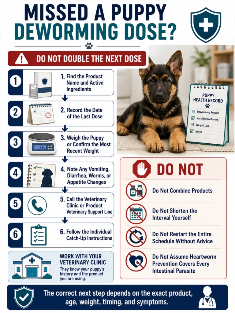 German Shepherd Puppy Deworming Schedule: A Vet-Guided Timeline Steps to take after missing a German Shepherd puppy deworming dose without doubling medication.