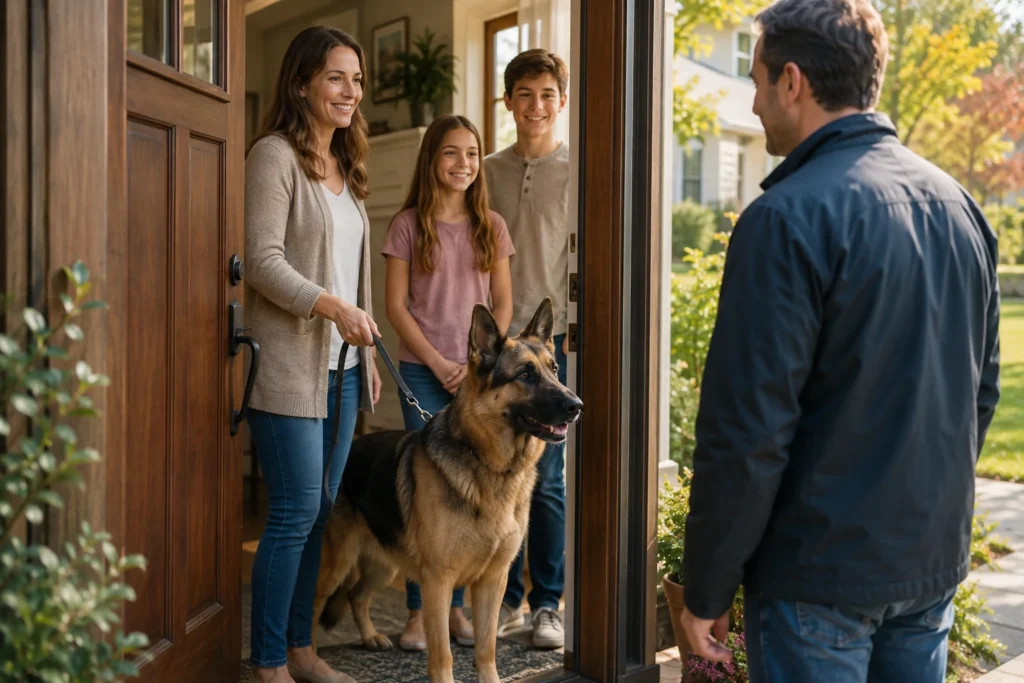 German Shepherd Temperament: Are They Aggressive or Naturally Protective? Naturally protective German Shepherd calmly watching a visitor while staying under owner control