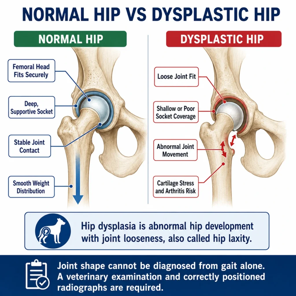 German Shepherd Hip Dysplasia: Signs, Diagnosis, and Treatment Normal canine hip joint compared with a loose dysplastic hip joint in a German Shepherd.