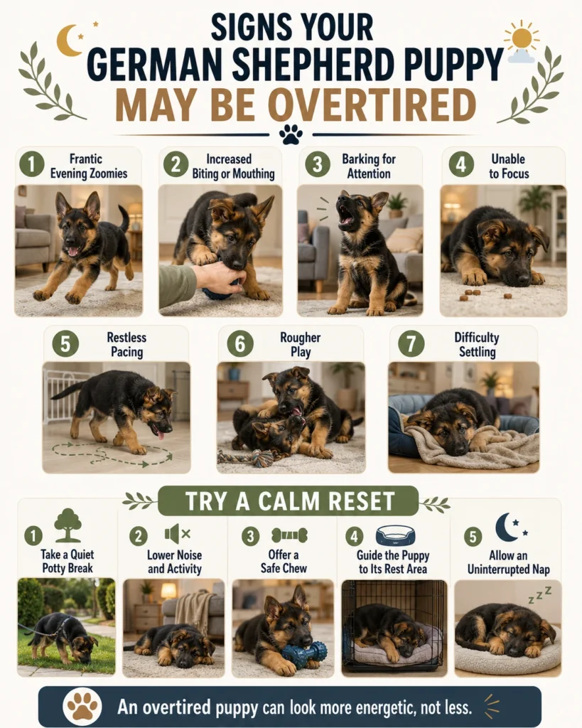 German Shepherd Puppy Sleep Schedule: Naps and Bedtime by Age Signs of an overtired German Shepherd puppy, including biting, zoomies, barking, pacing, and difficulty settling.