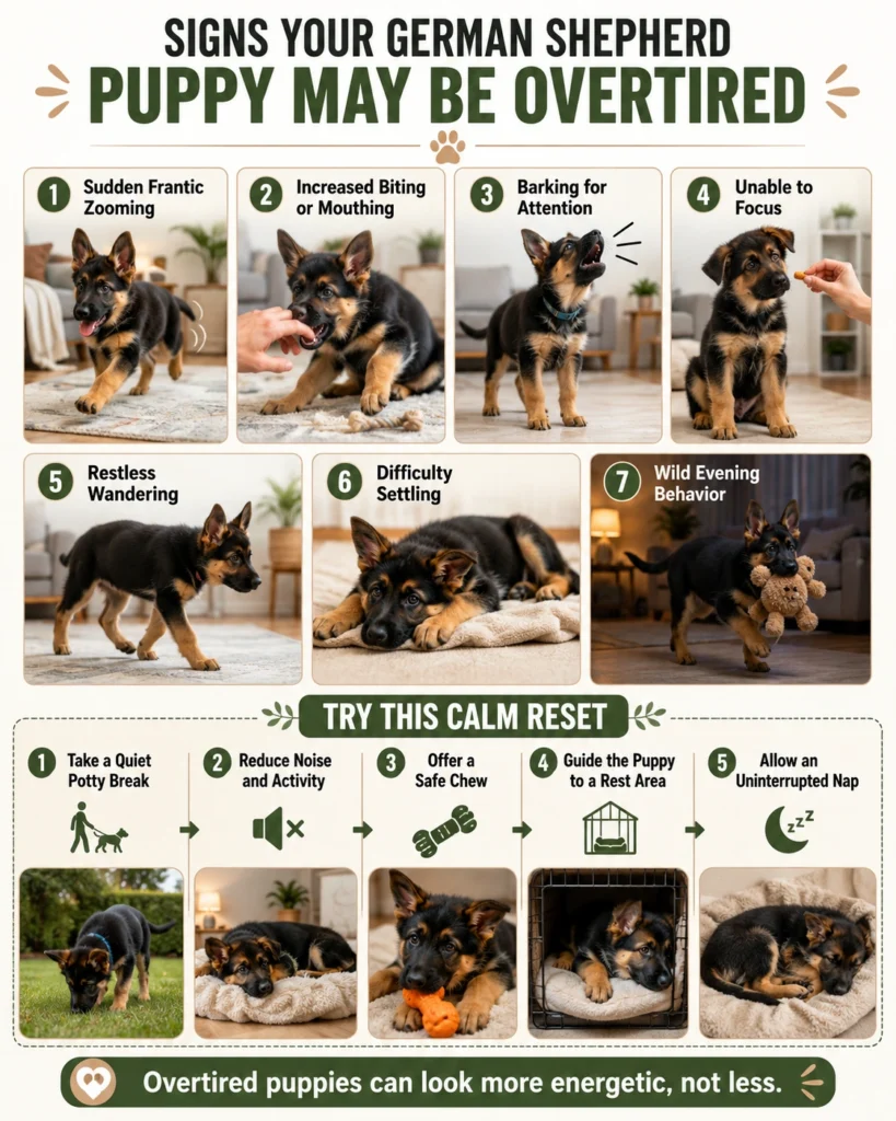 German Shepherd Puppy Daily Routine: A Realistic Schedule by Age Signs of an overtired German Shepherd puppy and calm steps that may help the puppy settle.