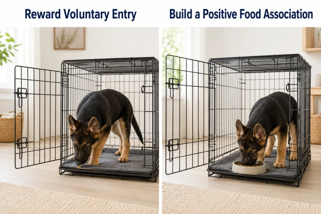 German Shepherd puppy voluntarily entering an open crate and eating calmly inside.
