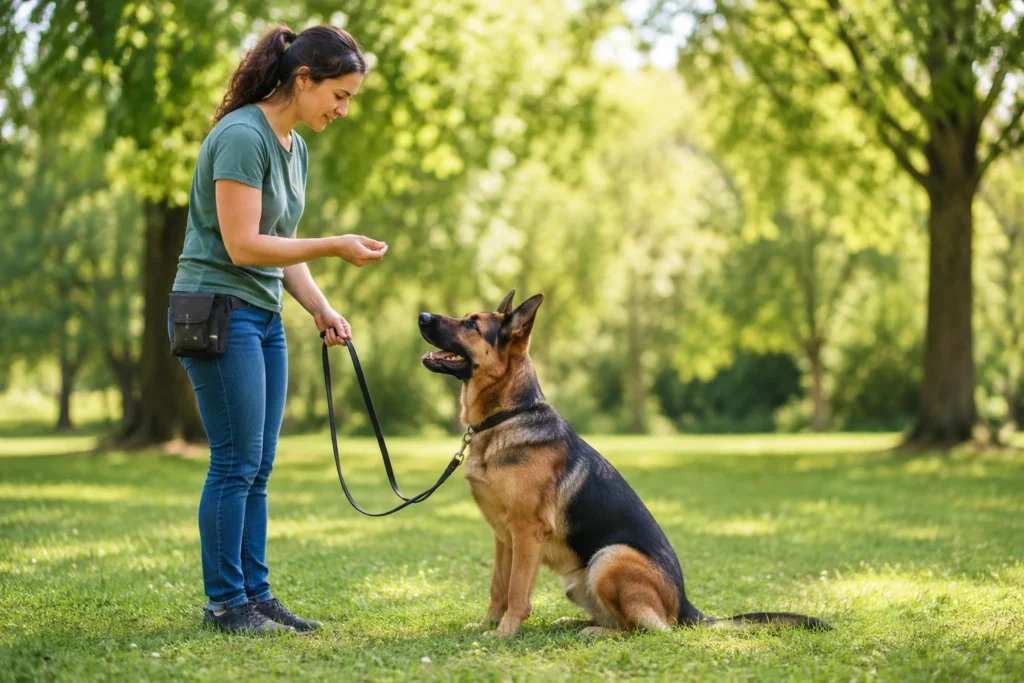 German Shepherd Temperament: Are They Aggressive or Naturally Protective? German Shepherd learning calm behavior through positive reward based training