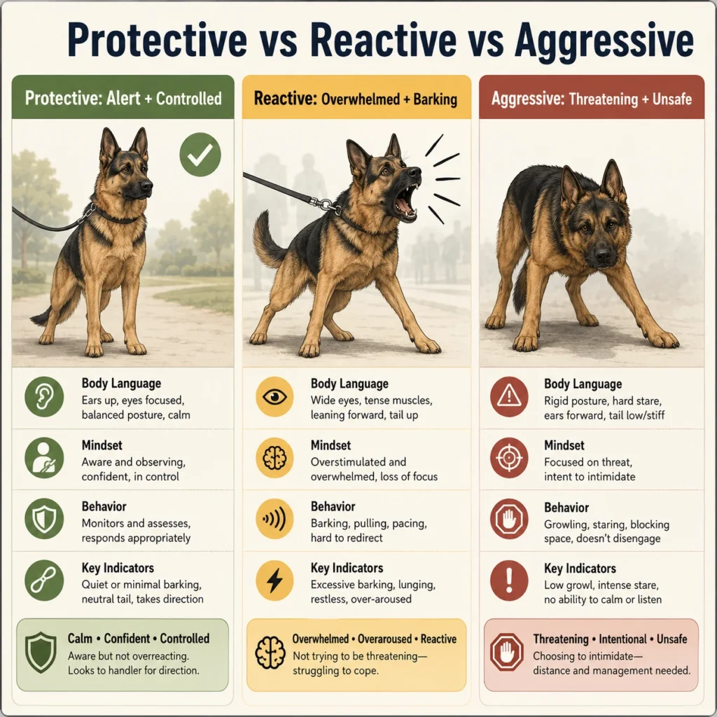 German Shepherd Temperament: Are They Aggressive or Naturally Protective? Protective reactive and aggressive German Shepherd behavior comparison infographic