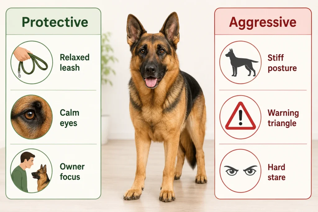German Shepherd Temperament: Are They Aggressive or Naturally Protective? Protective vs aggressive German Shepherd behavior comparison graphic