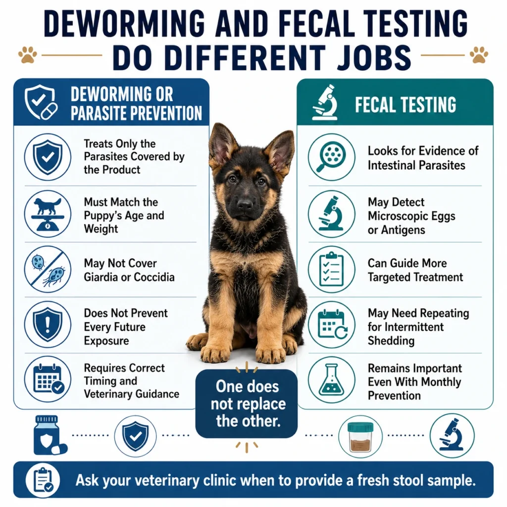 German Shepherd Puppy Deworming Schedule: A Vet-Guided Timeline Comparison showing how puppy deworming and fecal testing perform different parasite-control roles.