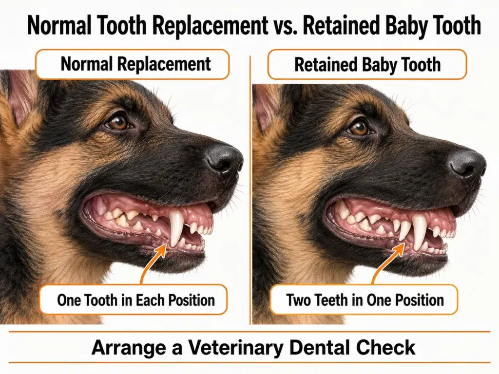 German Shepherd Puppy Teething Stages: Complete Timeline and Care Guide Normal German Shepherd puppy tooth replacement compared with a retained baby canine beside an adult tooth.