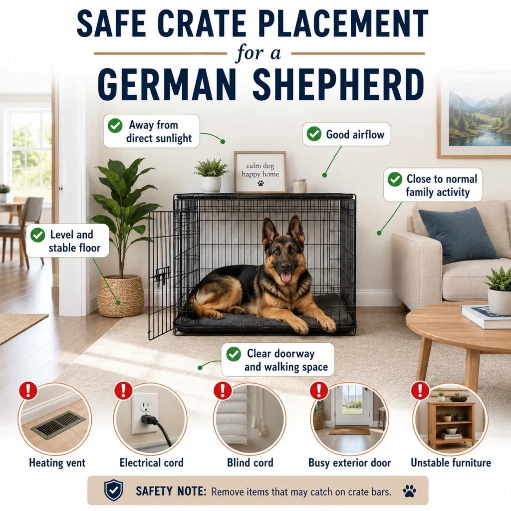 What Size Crate for German Shepherd? Puppy and Adult Sizing Guide Safe home crate placement for a German Shepherd away from cords, vents, sunlight, and busy doors.