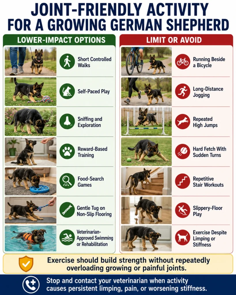 German Shepherd Hip Dysplasia: Signs, Diagnosis, and Treatment Lower-impact exercise and high-impact activities to avoid for a German Shepherd with possible hip problems.