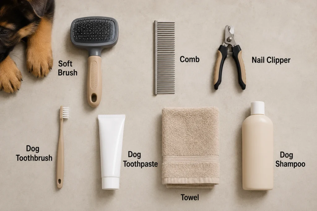 German Shepherd Puppy Grooming Guide: Bathing, Brushing, Nails, Ears, and Coat Care Safe grooming tools for a German Shepherd puppy