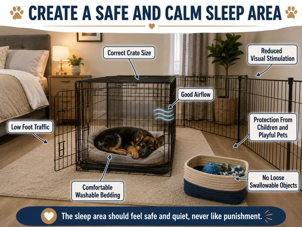 German Shepherd Puppy Sleep Schedule: Naps and Bedtime by Age A safe German Shepherd puppy sleep area with a correctly sized crate, washable bedding, airflow, and low stimulation.