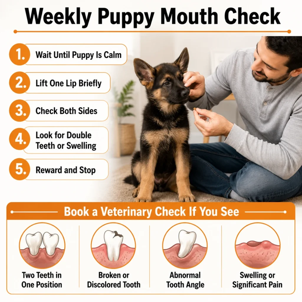German Shepherd Puppy Teething Stages: Complete Timeline and Care Guide Weekly German Shepherd puppy mouth check for retained teeth, swelling and abnormal tooth development.
