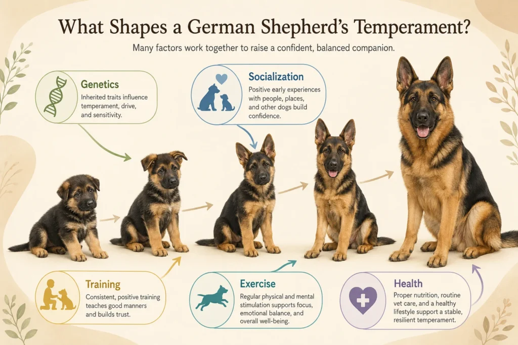 German Shepherd Temperament: Are They Aggressive or Naturally Protective? Factors that shape German Shepherd temperament including genetics socialization training exercise and health