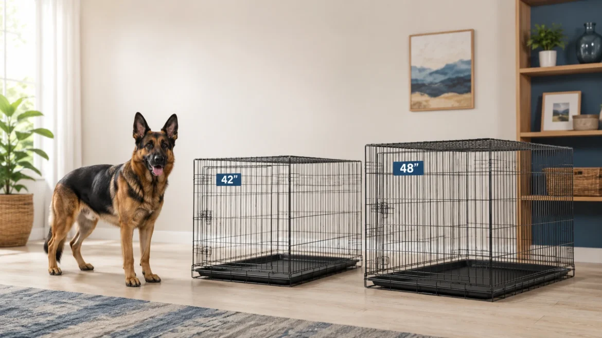 Adult German Shepherd standing beside 42-inch and 48-inch wire crates for size comparison. what size crate for german shepherd