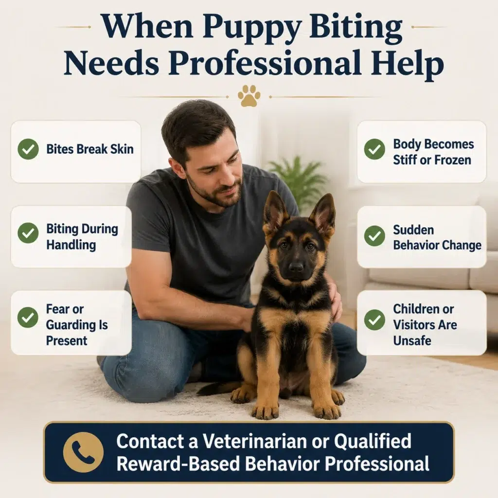 How to Stop a German Shepherd Puppy from Biting and Nipping Warning signs that German Shepherd puppy biting may need veterinary or professional behavior support.