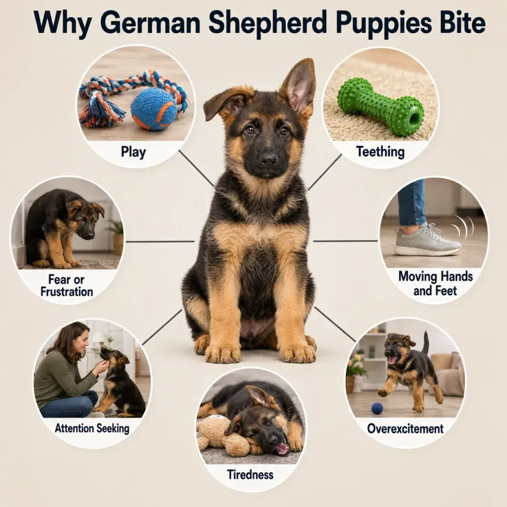 How to Stop a German Shepherd Puppy from Biting and Nipping Common causes of German Shepherd puppy biting, including play, teething, tiredness, movement, and frustration.