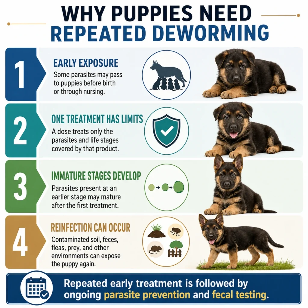 German Shepherd Puppy Deworming Schedule: A Vet-Guided Timeline Diagram explaining early parasite exposure, developing parasite stages, and reinfection in German Shepherd puppies.