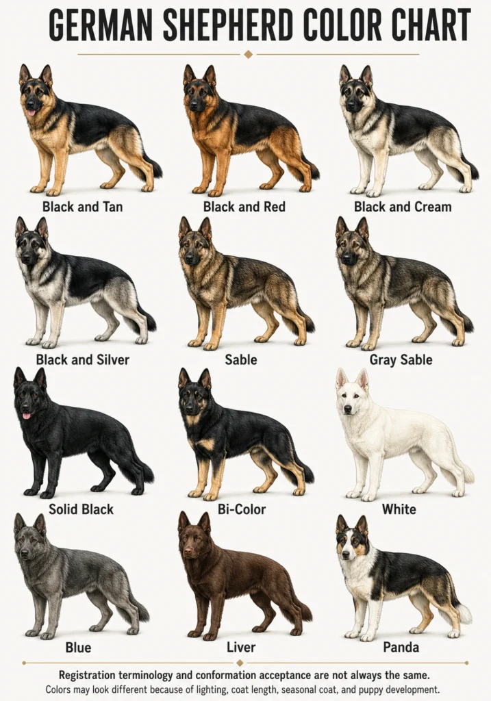 German Shepherd Colors: Complete Guide to Coats and Patterns German Shepherd color chart comparing black and tan, sable, black, white, blue, liver, Panda, and other coats.