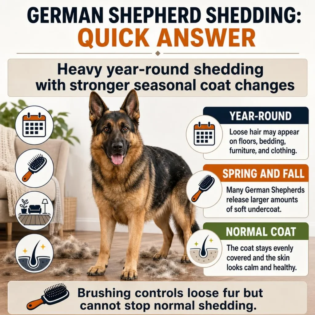 How Much Does a German Shepherd Shed? A Complete Owner’s Guide German Shepherd shedding quick-answer infographic showing year-round and seasonal coat loss