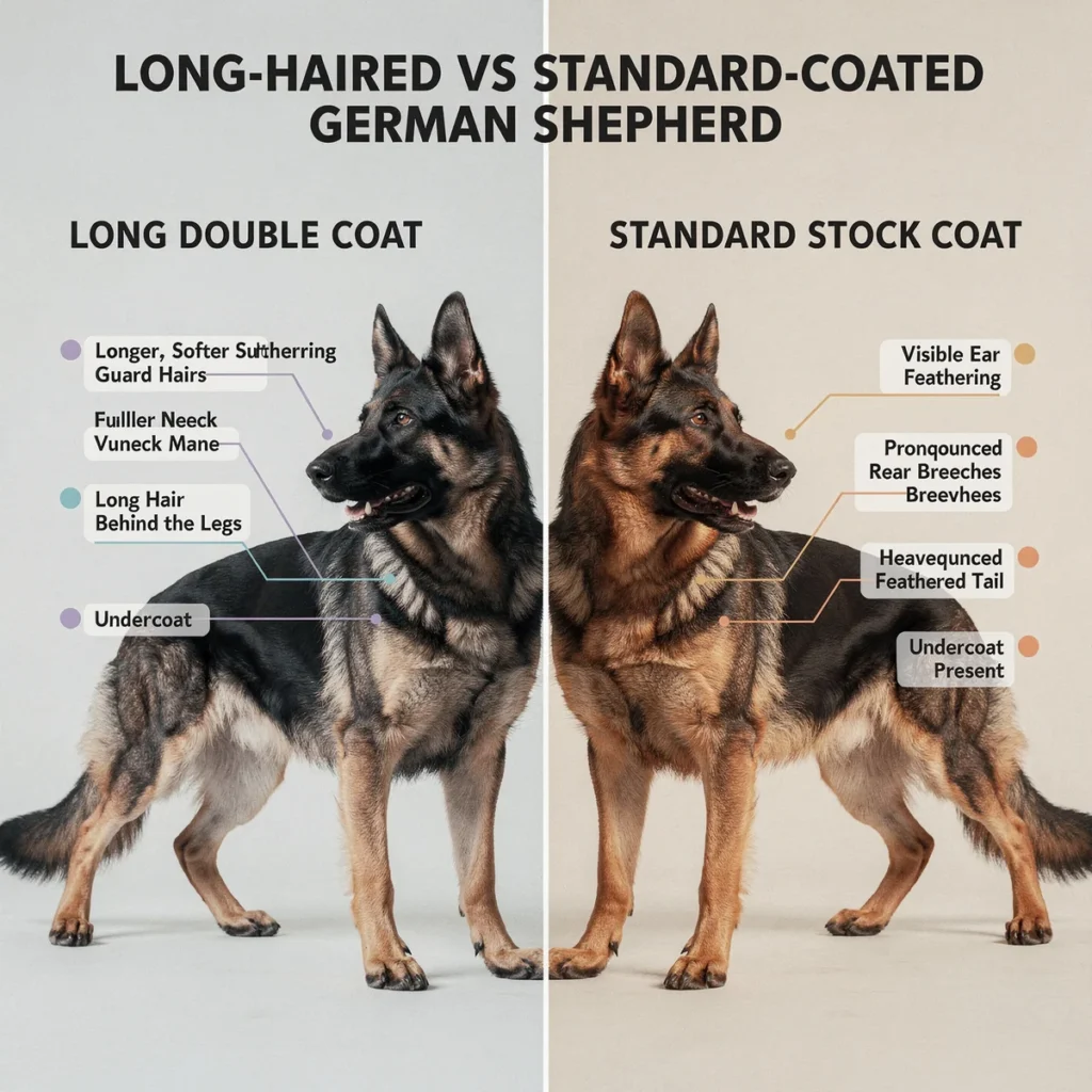 Long-Haired German Shepherd: Coat, Genetics, Grooming, and Care Long-haired and standard-coated German Shepherds compared by mane, feathering, and tail coat.